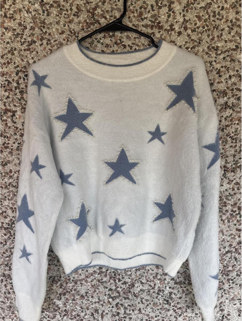 Nanette Lepore Fuzzy Star Sweater Pearl Embellished Crewneck White Blue L